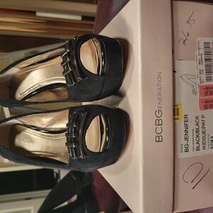 BCBGeneration Jennifer Open-Toe Black Suede Platform Heels